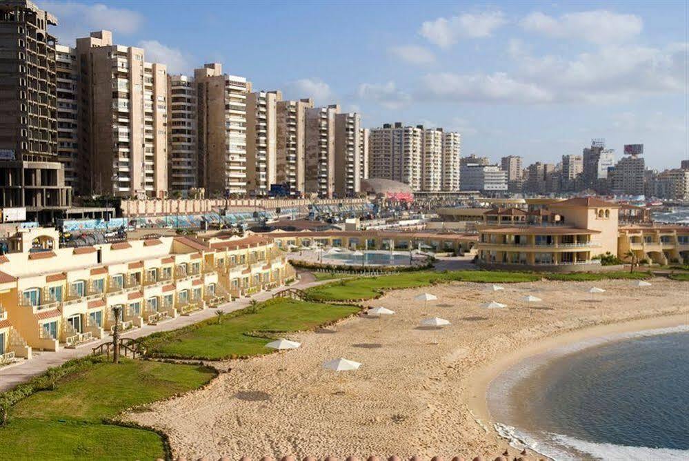 Sunrise Alex Avenue Hotel Alexandria Exterior photo The photo depicts a coastal urban area featuring a blend of modern high-rise buildings and low-rise structures near the beach. In the foreground, there is a sandy beach area with green lawns and a calm sea. The background showcases a skyline with mul